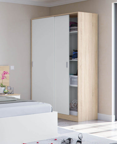 Durham Arctic White and Oak Effect Small Narrow Sliding 2-Door Wardrobe - UK Luxury Furniture